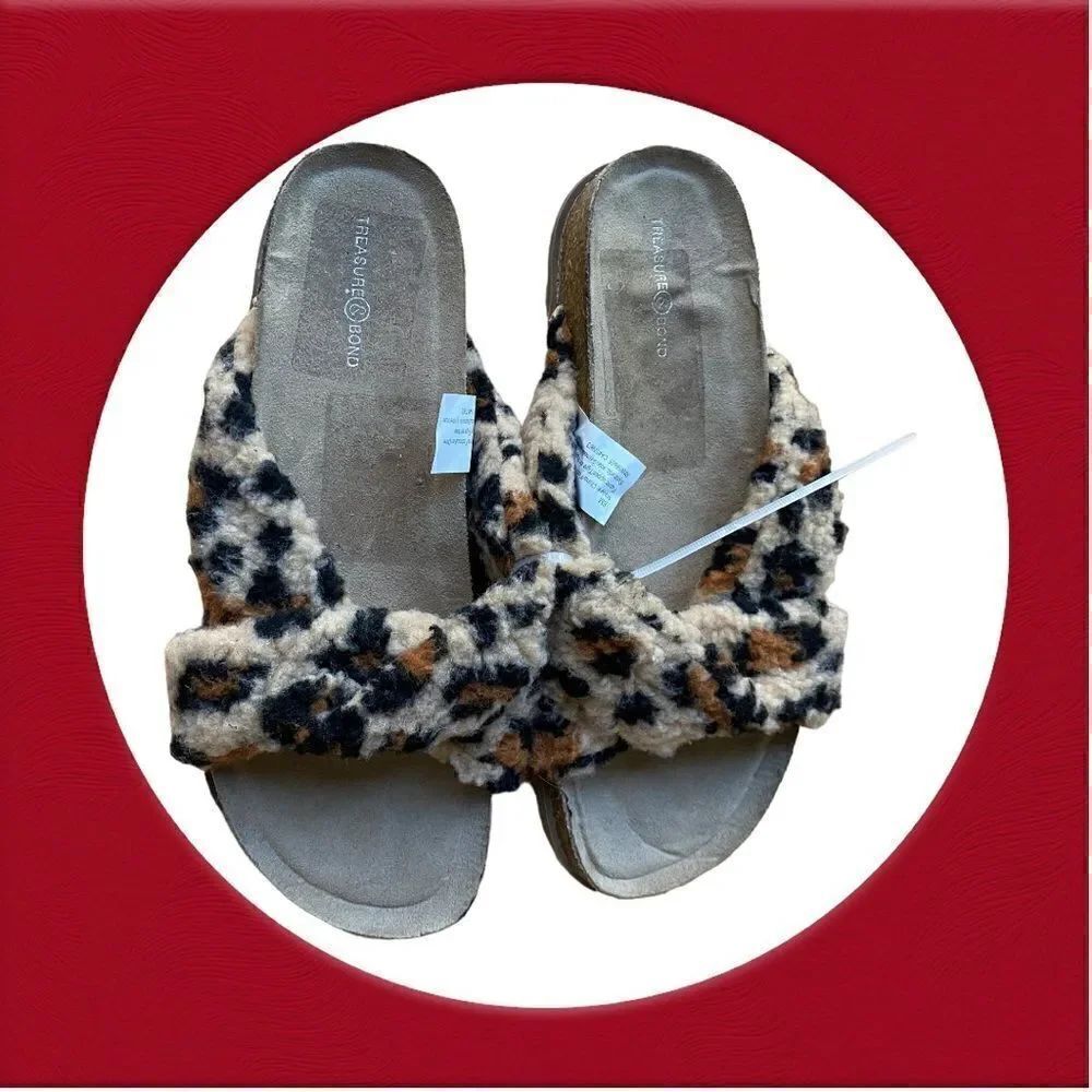 Leopard Print Sherpa Slides Sandals Treasure & Bond Size 8